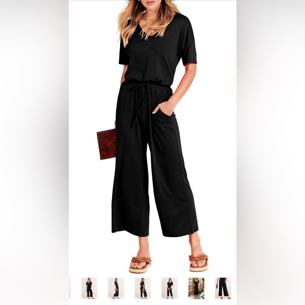 ANRABESS | Black V-Neck T-Shirt Wide Leg Jumpsuit | *NEW* With Tags | Size Large